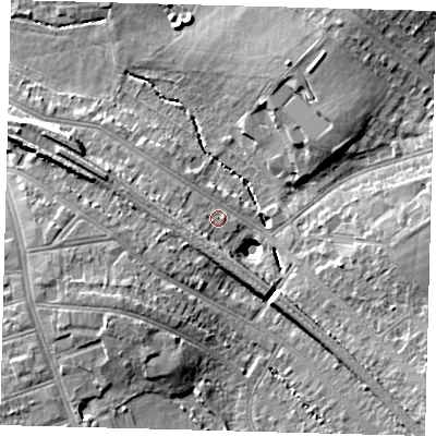 Shaded relief map of the ground around SW163RN, computed from Environment Agency LiDAR. The ground here sits at about 36 m above sea level and falls 15 m across the surrounding 800 m. Surface water reaching this point runs off ground lying to the south-west, 3.5 m higher.