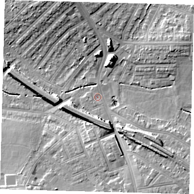 Shaded relief map of the ground around SW164AA, computed from Environment Agency LiDAR. The ground here sits at about 32 m above sea level and falls 19 m across the surrounding 800 m. Surface water reaching this point runs off ground lying to the north-north-east, 16.1 m higher.