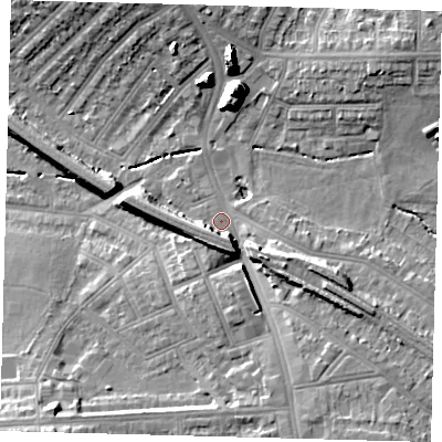 Shaded relief map of the ground around SW164AD, computed from Environment Agency LiDAR. The ground here sits at about 33 m above sea level and falls 19 m across the surrounding 800 m. Surface water reaching this point runs off ground lying to the south-south-east, 7.9 m higher.