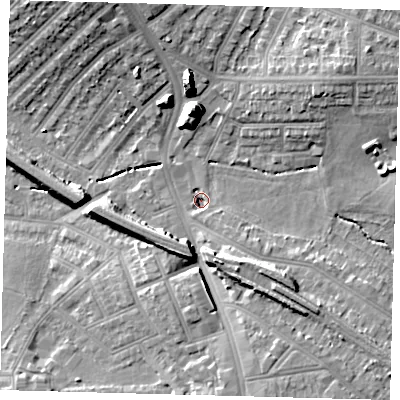 Shaded relief map of the ground around SW164DW, computed from Environment Agency LiDAR. The ground here sits at about 32 m above sea level and falls 18 m across the surrounding 800 m. Surface water reaching this point runs off ground lying to the south-south-east, 3.3 m higher.