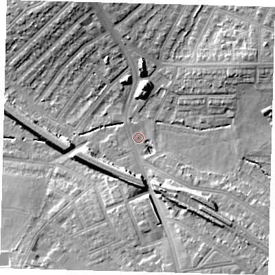 Shaded relief map of the ground around SW164EU, computed from Environment Agency LiDAR. The ground here sits at about 33 m above sea level and falls 19 m across the surrounding 800 m. Surface water reaching this point runs off ground lying to the north, 16.1 m higher.