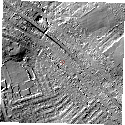 Shaded relief map of the ground around SW164JZ, computed from Environment Agency LiDAR. The ground here sits at about 38 m above sea level and falls 16 m across the surrounding 800 m. Surface water reaching this point runs off ground lying to the south-east, 6.8 m higher.