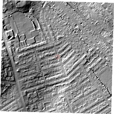 Shaded relief map of the ground around SW164QY, computed from Environment Agency LiDAR. The ground here sits at about 38 m above sea level and falls 12 m across the surrounding 800 m. Surface water reaching this point runs off ground lying to the west-south-west, 5.9 m higher.
