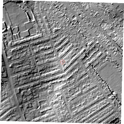 Shaded relief map of the ground around SW164RA, computed from Environment Agency LiDAR. The ground here sits at about 39 m above sea level and falls 9 m across the surrounding 800 m. Surface water reaching this point runs off ground lying to the east, 2.0 m higher.