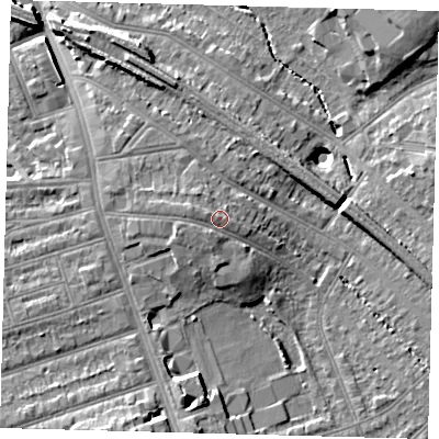 Shaded relief map of the ground around SW164RN, computed from Environment Agency LiDAR. The ground here sits at about 41 m above sea level and falls 14 m across the surrounding 800 m. Surface water reaching this point runs off ground lying to the west, 1.6 m higher.