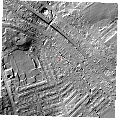 Shaded relief map of the ground around SW164RP, computed from Environment Agency LiDAR. The ground here sits at about 37 m above sea level and falls 17 m across the surrounding 800 m. Surface water reaching this point runs off ground lying to the south-west, 7.2 m higher.
