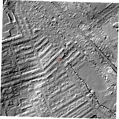 Shaded relief map of the ground around SW164RQ, computed from Environment Agency LiDAR. The ground here sits at about 40 m above sea level and falls 10 m across the surrounding 800 m. Surface water reaching this point runs off ground lying to the east-south-east, 6.8 m higher.