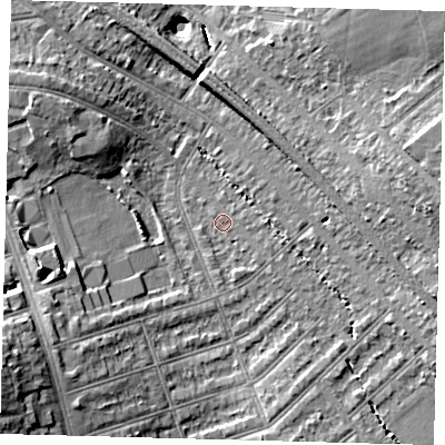 Shaded relief map of the ground around SW164RR, computed from Environment Agency LiDAR. The ground here sits at about 37 m above sea level and falls 18 m across the surrounding 800 m. Surface water reaching this point runs off ground lying to the south-west, 7.2 m higher.