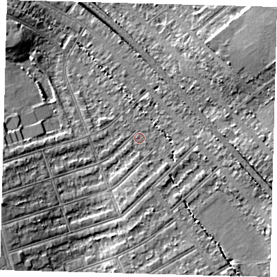 Shaded relief map of the ground around SW164RS, computed from Environment Agency LiDAR. The ground here sits at about 39 m above sea level and falls 11 m across the surrounding 800 m. Surface water reaching this point runs off ground lying to the south-east, 5.5 m higher.