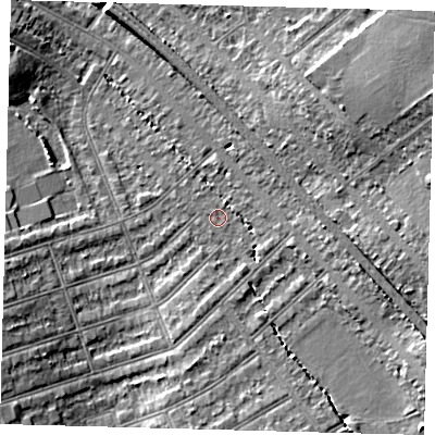 Shaded relief map of the ground around SW164RT, computed from Environment Agency LiDAR. The ground here sits at about 39 m above sea level and falls 11 m across the surrounding 800 m. Surface water reaching this point runs off ground lying to the south-east, 6.1 m higher.