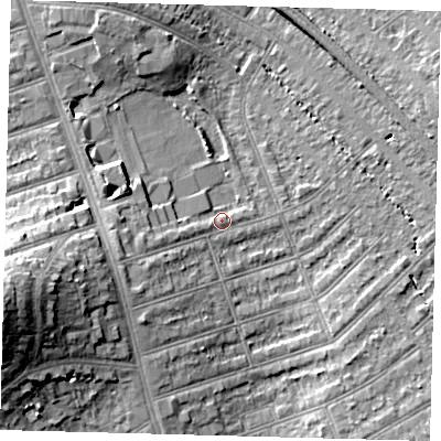 Shaded relief map of the ground around SW164RZ, computed from Environment Agency LiDAR. The ground here sits at about 39 m above sea level and falls 20 m across the surrounding 800 m. Surface water reaching this point runs off ground lying to the west-south-west, 5.5 m higher.
