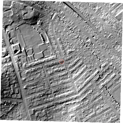 Shaded relief map of the ground around SW164SA, computed from Environment Agency LiDAR. The ground here sits at about 38 m above sea level and falls 14 m across the surrounding 800 m. Surface water reaching this point runs off ground lying to the west-south-west, 6.2 m higher.
