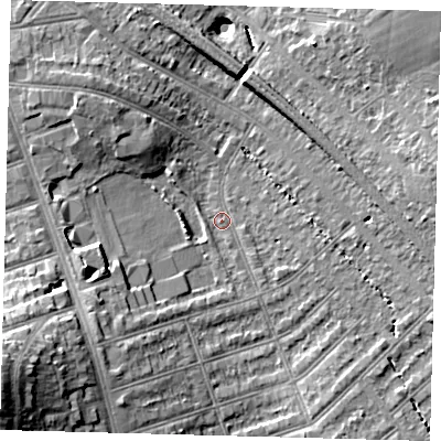 Shaded relief map of the ground around SW164SD, computed from Environment Agency LiDAR. The ground here sits at about 37 m above sea level and falls 23 m across the surrounding 800 m. Surface water reaching this point runs off ground lying to the south-west, 7.1 m higher.