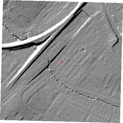 Shaded relief map of the ground around SW165AF, computed from Environment Agency LiDAR. The ground here sits at about 26 m above sea level and falls 18 m across the surrounding 800 m. Surface water reaching this point runs off ground lying to the south-west, 7.0 m higher.