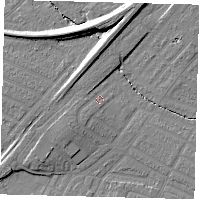 Shaded relief map of the ground around SW165AH, computed from Environment Agency LiDAR. The ground here sits at about 28 m above sea level and falls 16 m across the surrounding 800 m. Surface water reaching this point runs off ground lying to the south-west, 3.4 m higher.