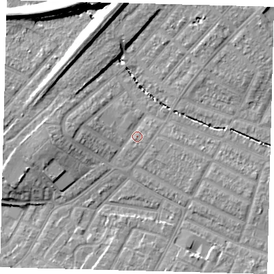 Shaded relief map of the ground around SW165AN, computed from Environment Agency LiDAR. The ground here sits at about 27 m above sea level and falls 13 m across the surrounding 800 m. Surface water reaching this point runs off ground lying to the north-east, 11.7 m higher.