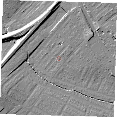 Shaded relief map of the ground around SW165AY, computed from Environment Agency LiDAR. The ground here sits at about 28 m above sea level and falls 16 m across the surrounding 800 m. Surface water reaching this point runs off ground lying to the north-east, 9.4 m higher.