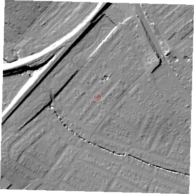 Shaded relief map of the ground around SW165AZ, computed from Environment Agency LiDAR. The ground here sits at about 28 m above sea level and falls 18 m across the surrounding 800 m. Surface water reaching this point runs off ground lying to the north, 13.5 m higher.