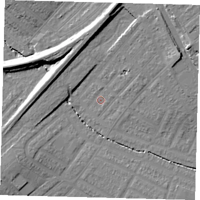 Shaded relief map of the ground around SW165BE, computed from Environment Agency LiDAR. The ground here sits at about 26 m above sea level and falls 17 m across the surrounding 800 m. Surface water reaching this point runs off ground lying to the south-west, 6.4 m higher.