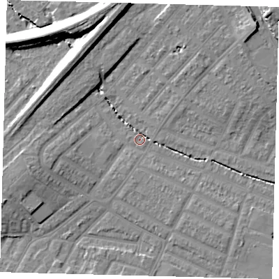 Shaded relief map of the ground around SW165BF, computed from Environment Agency LiDAR. The ground here sits at about 26 m above sea level and falls 18 m across the surrounding 800 m. Surface water reaching this point runs off ground lying to the north-east, 13.5 m higher.