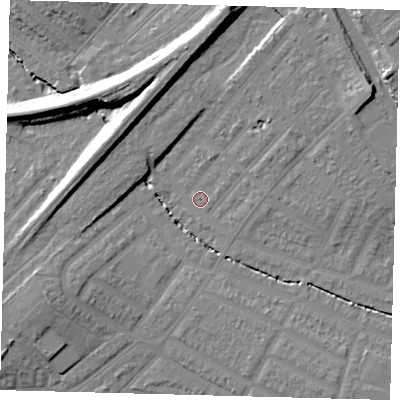 Shaded relief map of the ground around SW165BG, computed from Environment Agency LiDAR. The ground here sits at about 26 m above sea level and falls 18 m across the surrounding 800 m. Surface water reaching this point runs off ground lying to the south-west, 5.4 m higher.