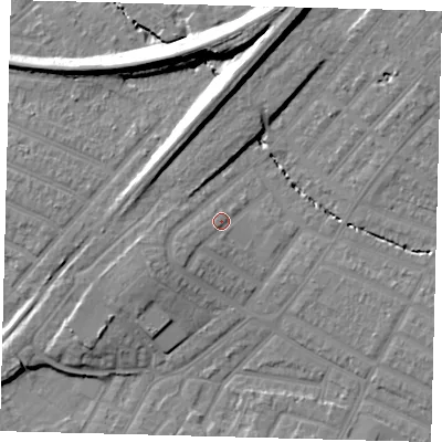 Shaded relief map of the ground around SW165BJ, computed from Environment Agency LiDAR. The ground here sits at about 28 m above sea level and falls 15 m across the surrounding 800 m. Surface water reaching this point runs off ground lying to the south-west, 2.6 m higher.