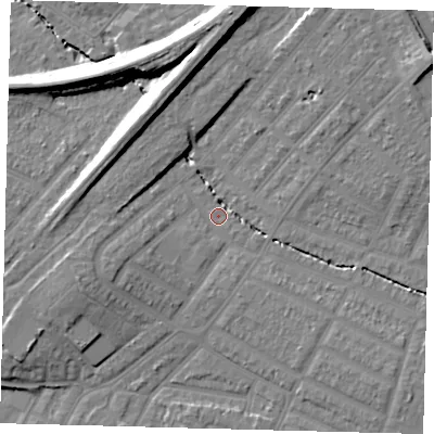 Shaded relief map of the ground around SW165BQ, computed from Environment Agency LiDAR. The ground here sits at about 26 m above sea level and falls 18 m across the surrounding 800 m. Surface water reaching this point runs off ground lying to the west-south-west, 5.4 m higher.