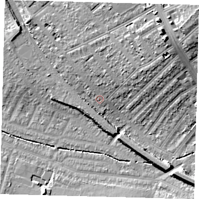 Shaded relief map of the ground around SW165DD, computed from Environment Agency LiDAR. The ground here sits at about 34 m above sea level and falls 22 m across the surrounding 800 m. Surface water reaching this point runs off ground lying to the north, 3.7 m higher.