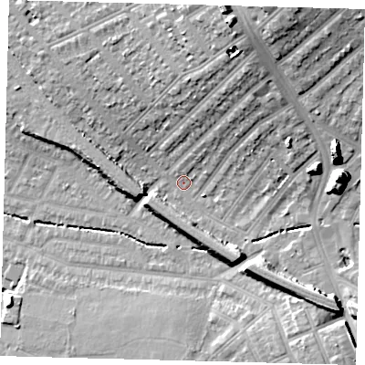 Shaded relief map of the ground around SW165DE, computed from Environment Agency LiDAR. The ground here sits at about 31 m above sea level and falls 20 m across the surrounding 800 m. Surface water reaching this point runs off ground lying to the east-north-east, 17.3 m higher.