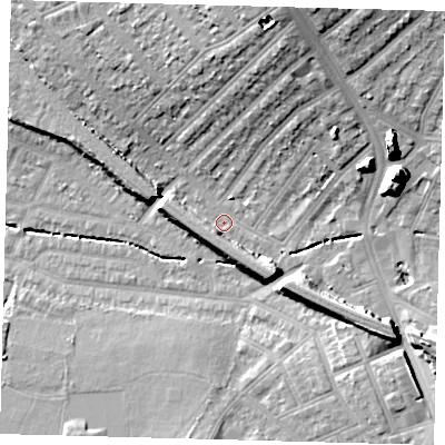 Shaded relief map of the ground around SW165DJ, computed from Environment Agency LiDAR. The ground here sits at about 31 m above sea level and falls 20 m across the surrounding 800 m. Surface water reaching this point runs off ground lying to the east-north-east, 17.3 m higher.