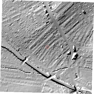 Shaded relief map of the ground around SW165DQ, computed from Environment Agency LiDAR. The ground here sits at about 35 m above sea level and falls 20 m across the surrounding 800 m. Surface water reaching this point runs off ground lying to the north-north-east, 5.9 m higher.