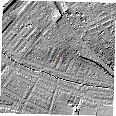 Shaded relief map of the ground around SW165DT, computed from Environment Agency LiDAR. The ground here sits at about 29 m above sea level and falls 18 m across the surrounding 800 m. Surface water reaching this point runs off ground lying to the north-north-east, 3.4 m higher.
