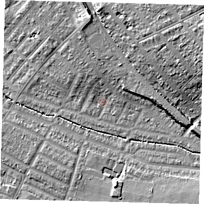 Shaded relief map of the ground around SW165DX, computed from Environment Agency LiDAR. The ground here sits at about 28 m above sea level and falls 17 m across the surrounding 800 m. Surface water reaching this point runs off ground lying to the east-south-east, 6.8 m higher.
