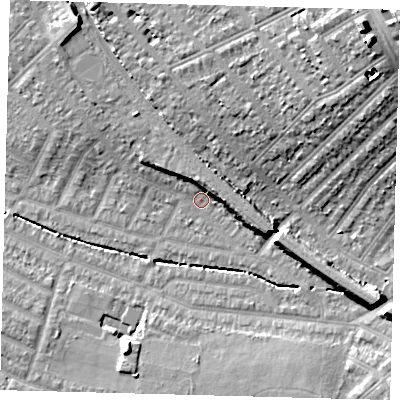 Shaded relief map of the ground around SW165DY, computed from Environment Agency LiDAR. The ground here sits at about 30 m above sea level and falls 22 m across the surrounding 800 m. Surface water reaching this point runs off ground lying to the east, 6.0 m higher.