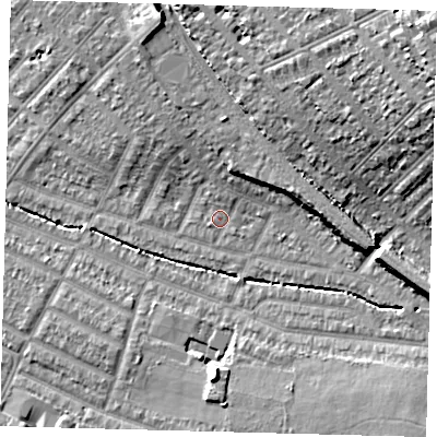 Shaded relief map of the ground around SW165DZ, computed from Environment Agency LiDAR. The ground here sits at about 29 m above sea level and falls 18 m across the surrounding 800 m. Surface water reaching this point runs off ground lying to the north-north-east, 2.1 m higher.