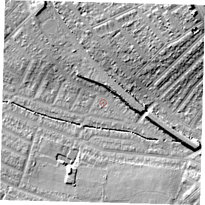 Shaded relief map of the ground around SW165EA, computed from Environment Agency LiDAR. The ground here sits at about 29 m above sea level and falls 22 m across the surrounding 800 m. Surface water reaching this point runs off ground lying to the east-north-east, 6.0 m higher.