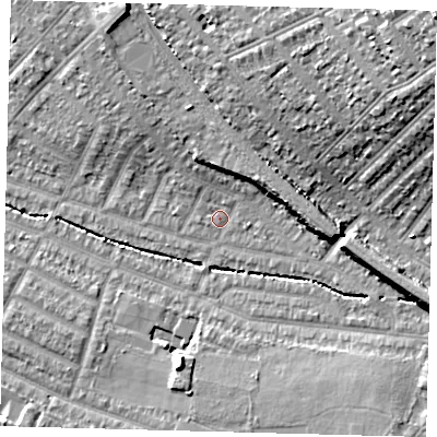 Shaded relief map of the ground around SW165EB, computed from Environment Agency LiDAR. The ground here sits at about 29 m above sea level and falls 22 m across the surrounding 800 m. Surface water reaching this point runs off ground lying to the east-north-east, 6.3 m higher.