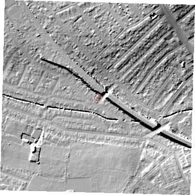 Shaded relief map of the ground around SW165ED, computed from Environment Agency LiDAR. The ground here sits at about 30 m above sea level and falls 19 m across the surrounding 800 m. Surface water reaching this point runs off ground lying to the north-east, 13.8 m higher.