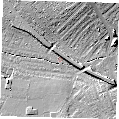 Shaded relief map of the ground around SW165EE, computed from Environment Agency LiDAR. The ground here sits at about 31 m above sea level and falls 21 m across the surrounding 800 m. Surface water reaching this point runs off ground lying to the east-south-east, 10.4 m higher.