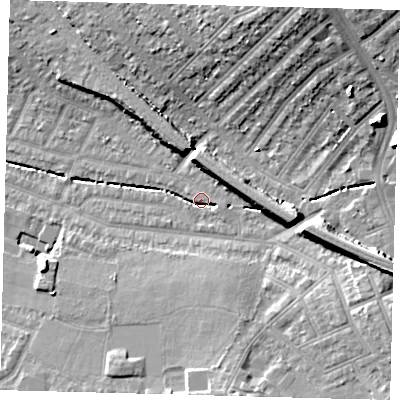 Shaded relief map of the ground around SW165EF, computed from Environment Agency LiDAR. The ground here sits at about 31 m above sea level and falls 16 m across the surrounding 800 m. Surface water reaching this point runs off ground lying to the south-south-east, 2.8 m higher.