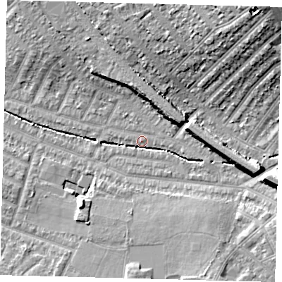 Shaded relief map of the ground around SW165EG, computed from Environment Agency LiDAR. The ground here sits at about 30 m above sea level and falls 18 m across the surrounding 800 m. Surface water reaching this point runs off ground lying to the north-east, 13.7 m higher.