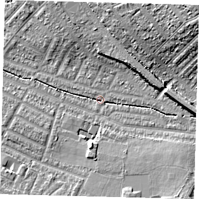 Shaded relief map of the ground around SW165EH, computed from Environment Agency LiDAR. The ground here sits at about 29 m above sea level and falls 18 m across the surrounding 800 m. Surface water reaching this point runs off ground lying to the east-south-east, 4.3 m higher.