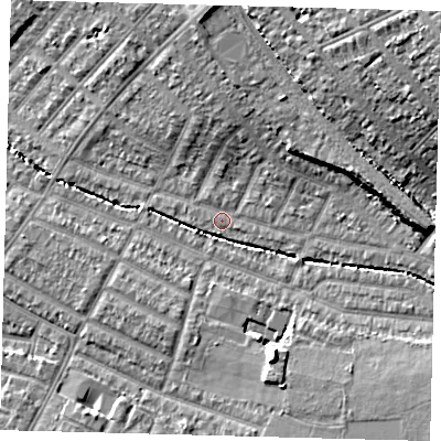 Shaded relief map of the ground around SW165EJ, computed from Environment Agency LiDAR. The ground here sits at about 28 m above sea level and falls 16 m across the surrounding 800 m. Surface water reaching this point runs off ground lying to the east, 7.6 m higher.