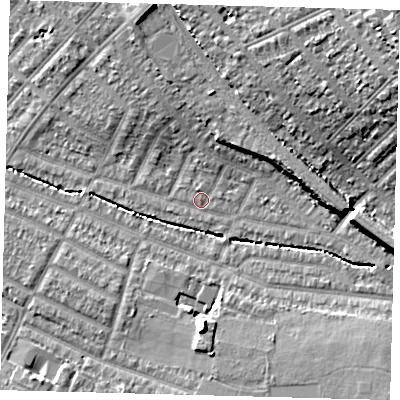 Shaded relief map of the ground around SW165EL, computed from Environment Agency LiDAR. The ground here sits at about 29 m above sea level and falls 18 m across the surrounding 800 m. Surface water reaching this point runs off ground lying to the east-north-east, 12.5 m higher.