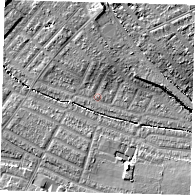 Shaded relief map of the ground around SW165EN, computed from Environment Agency LiDAR. The ground here sits at about 28 m above sea level and falls 16 m across the surrounding 800 m. Surface water reaching this point runs off ground lying to the east, 7.7 m higher.