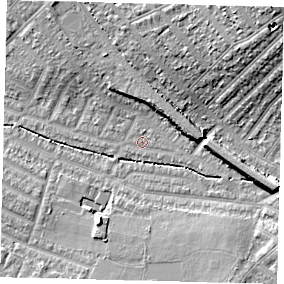 Shaded relief map of the ground around SW165EQ, computed from Environment Agency LiDAR. The ground here sits at about 29 m above sea level and falls 20 m across the surrounding 800 m. Surface water reaching this point runs off ground lying to the north-east, 14.6 m higher.