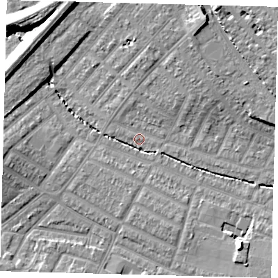 Shaded relief map of the ground around SW165EW, computed from Environment Agency LiDAR. The ground here sits at about 27 m above sea level and falls 15 m across the surrounding 800 m. Surface water reaching this point runs off ground lying to the south-east, 9.0 m higher.