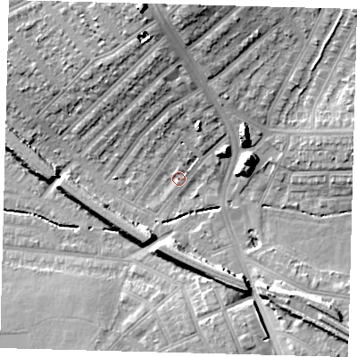 Shaded relief map of the ground around SW165JZ, computed from Environment Agency LiDAR. The ground here sits at about 32 m above sea level and falls 20 m across the surrounding 800 m. Surface water reaching this point runs off ground lying to the north-north-east, 5.6 m higher.