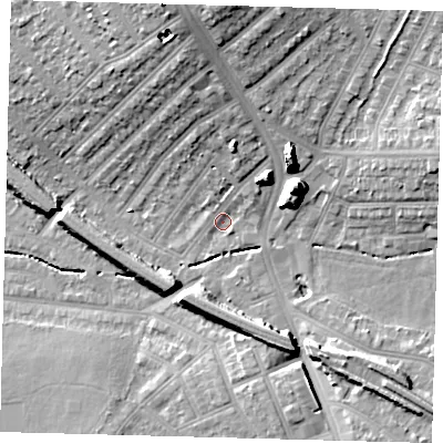 Shaded relief map of the ground around SW165LA, computed from Environment Agency LiDAR. The ground here sits at about 32 m above sea level and falls 19 m across the surrounding 800 m. Surface water reaching this point runs off ground lying to the north, 5.7 m higher.