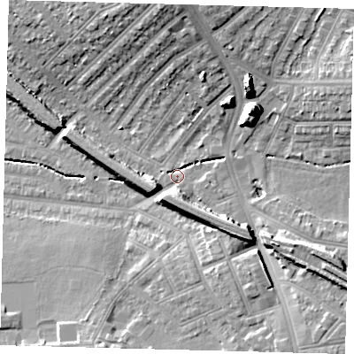 Shaded relief map of the ground around SW165LB, computed from Environment Agency LiDAR. The ground here sits at about 32 m above sea level and falls 20 m across the surrounding 800 m. Surface water reaching this point runs off ground lying to the north-east, 17.3 m higher.